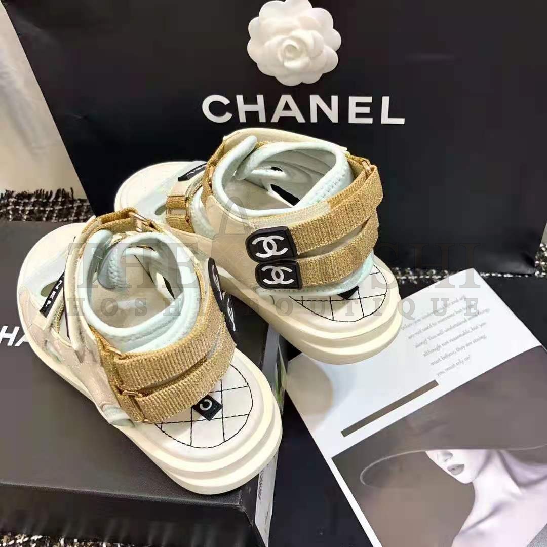 Ch**el Women Sandals Goatskin Fabric & TPU White Light Grey & Navy Blue Master Quality