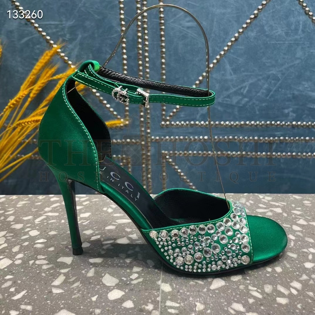 Gvc*1 Women G2 Mid-Heel Sandals Crystals Emerald Green Satin 11 CM Heel Double G Master Quality