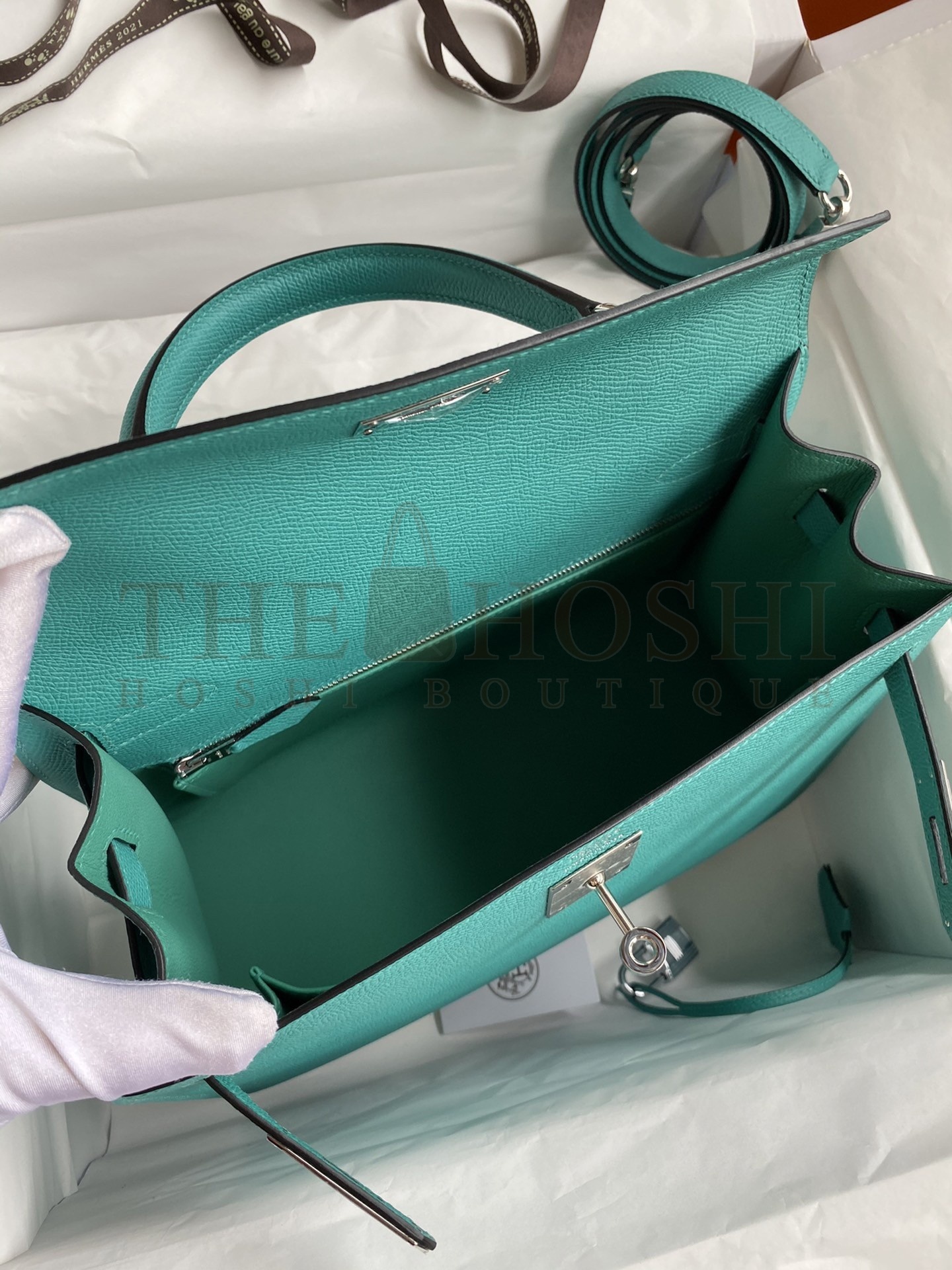 H**me5 Kelly Sellier 28 Handmade Bag In Blue Paon Epsom Calfskin Master Quality