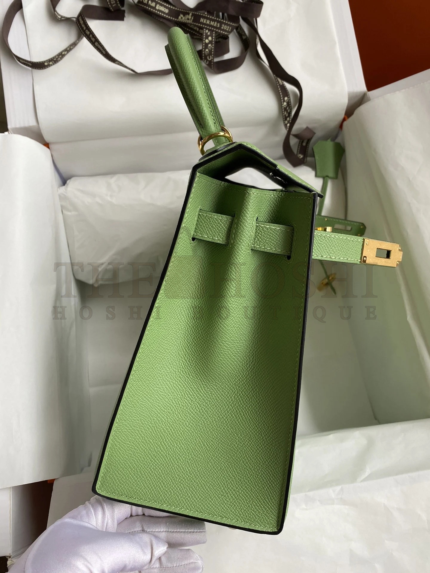H**me5 Kelly Sellier 28 Handmade Bag In Vert Criquet Epsom Calfskin Master Quality