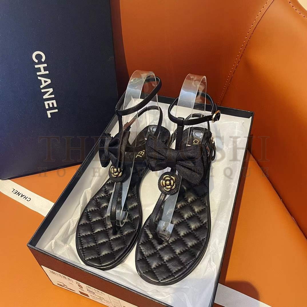 Ch**el Women CC Sandals Grosgrain Black 1 CM Heel Master Quality
