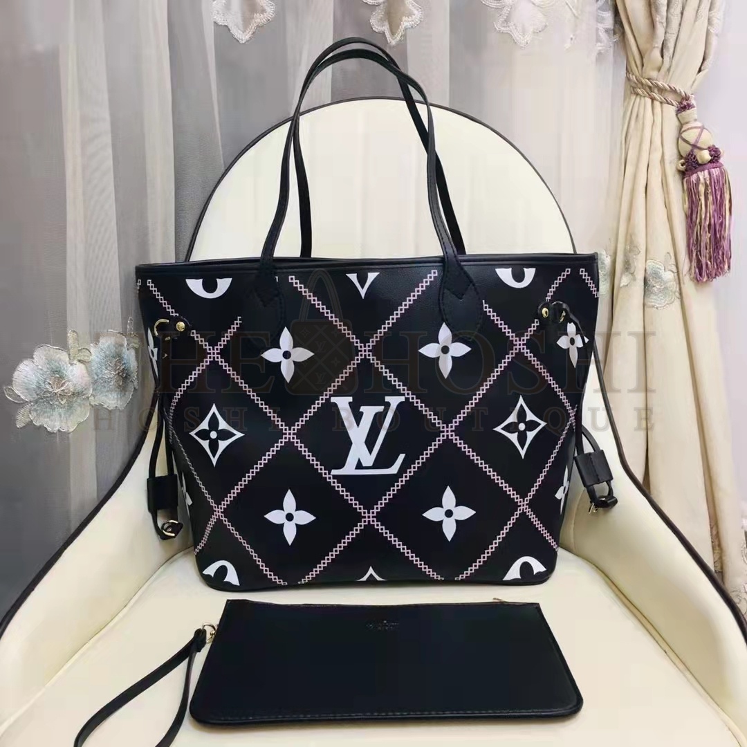 L0vis Vvtt0n LV Women Neverfull MM Tote Black Pink Grained Cowhide Leather Master Quality