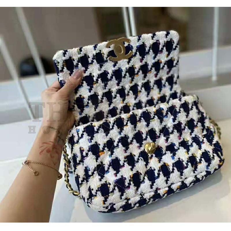 Ch**el Women 19 Flap Bag Tweed Gold Silver-Tone Ruthenium-Finish Metal Ecru Navy Blue Multicolor Master Quality