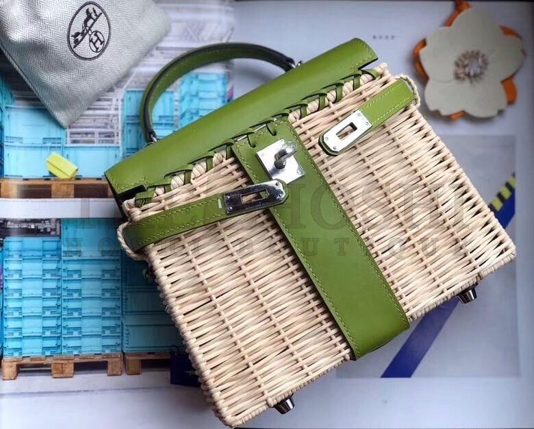 H**me5 Green Picnic Kelly Mini 20cm Wicker Bag Master Quality