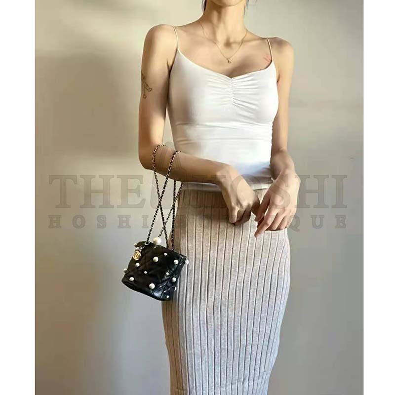 Ch**el Women Mini Drawstring Bag Lambskin Imitation Pearls & Gold-Tone Metal Black Master Quality