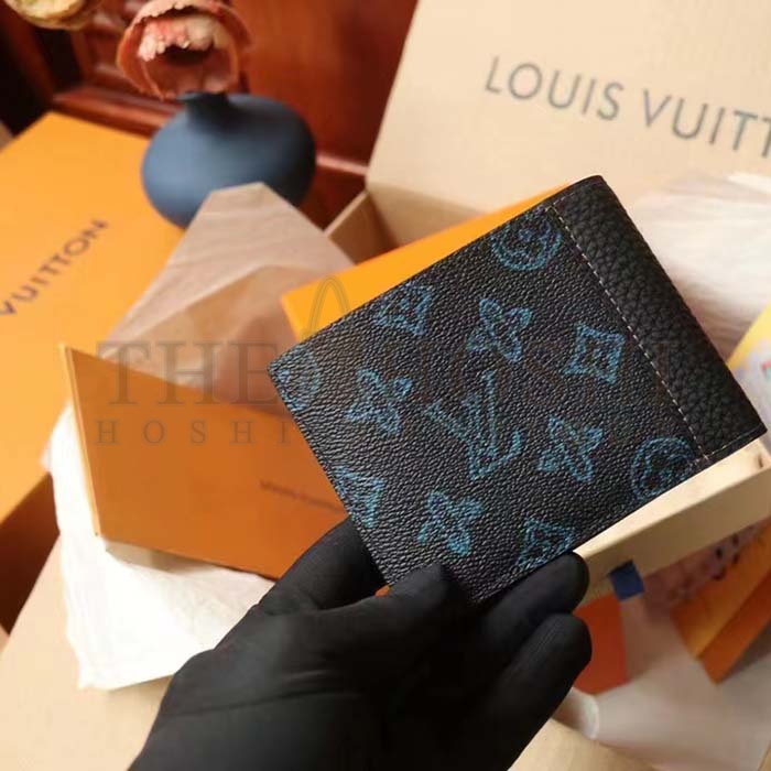 L0vis Vvtt0n LV Unisex Slender Wallet Blue Monogram Coated Canvas Bill Compartment Master Quality