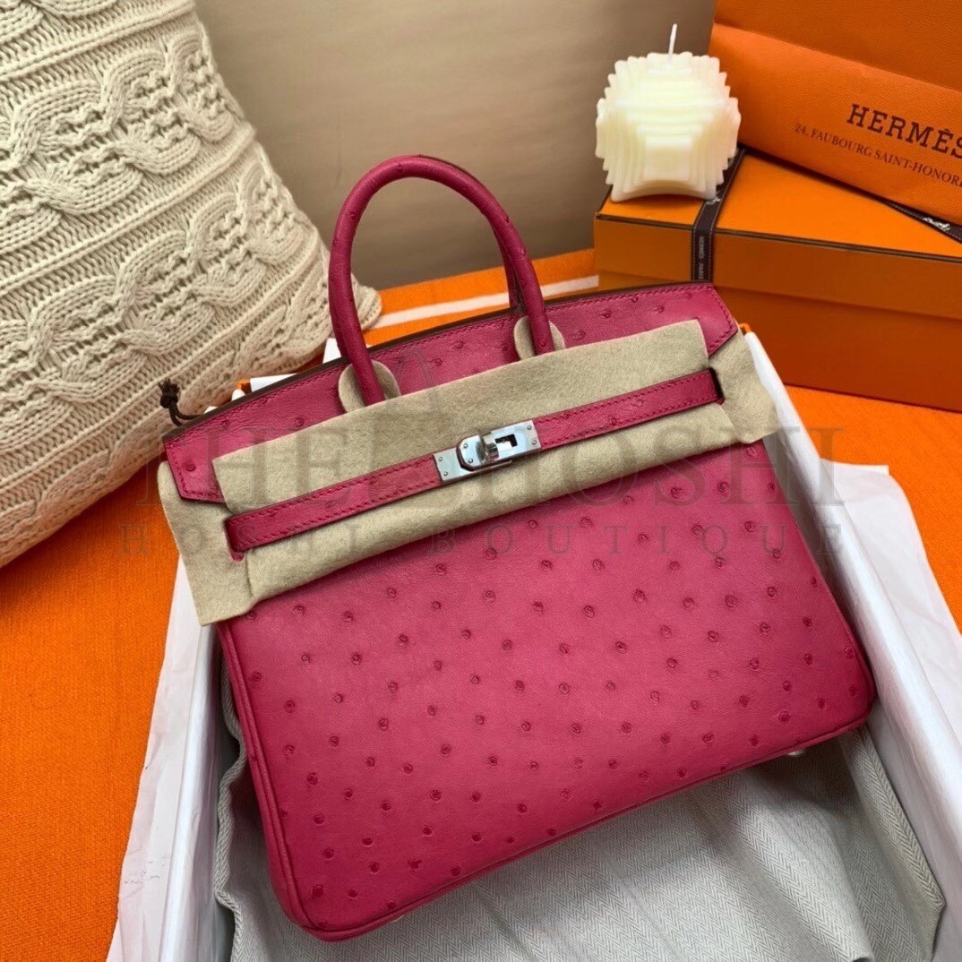 H**me5 Rose Red Birkin 25cm Ostrich Handmade Bag Master Quality