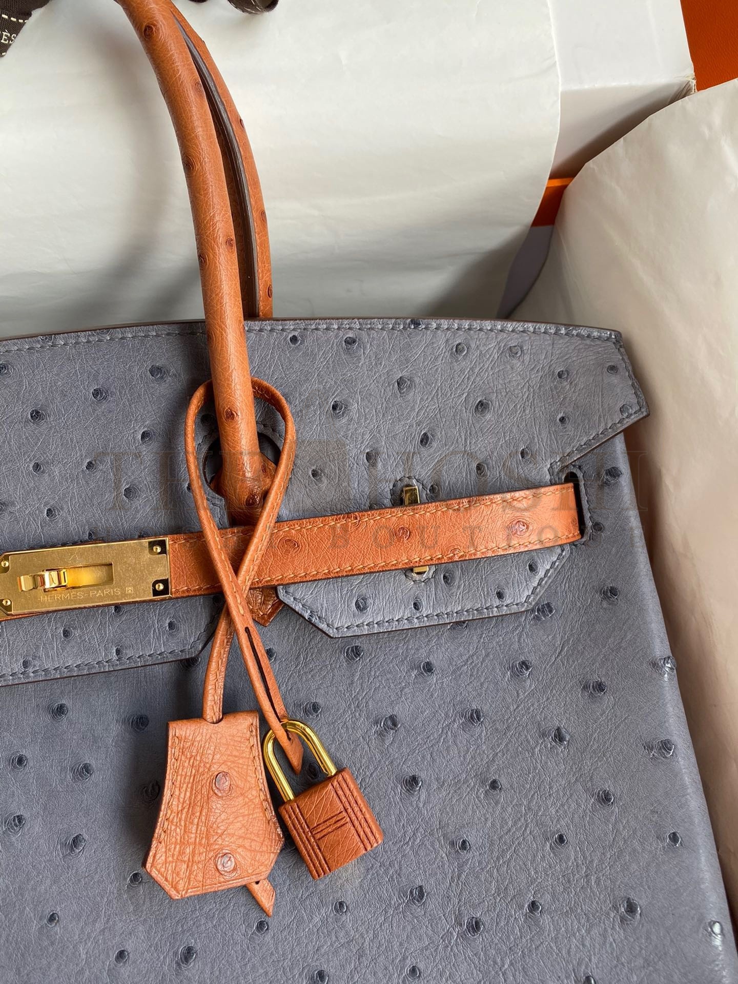 H**me5 HSS Birkin 35 Bicolor Bag in Gris Agate and Gold Ostrich Leather Master Quality
