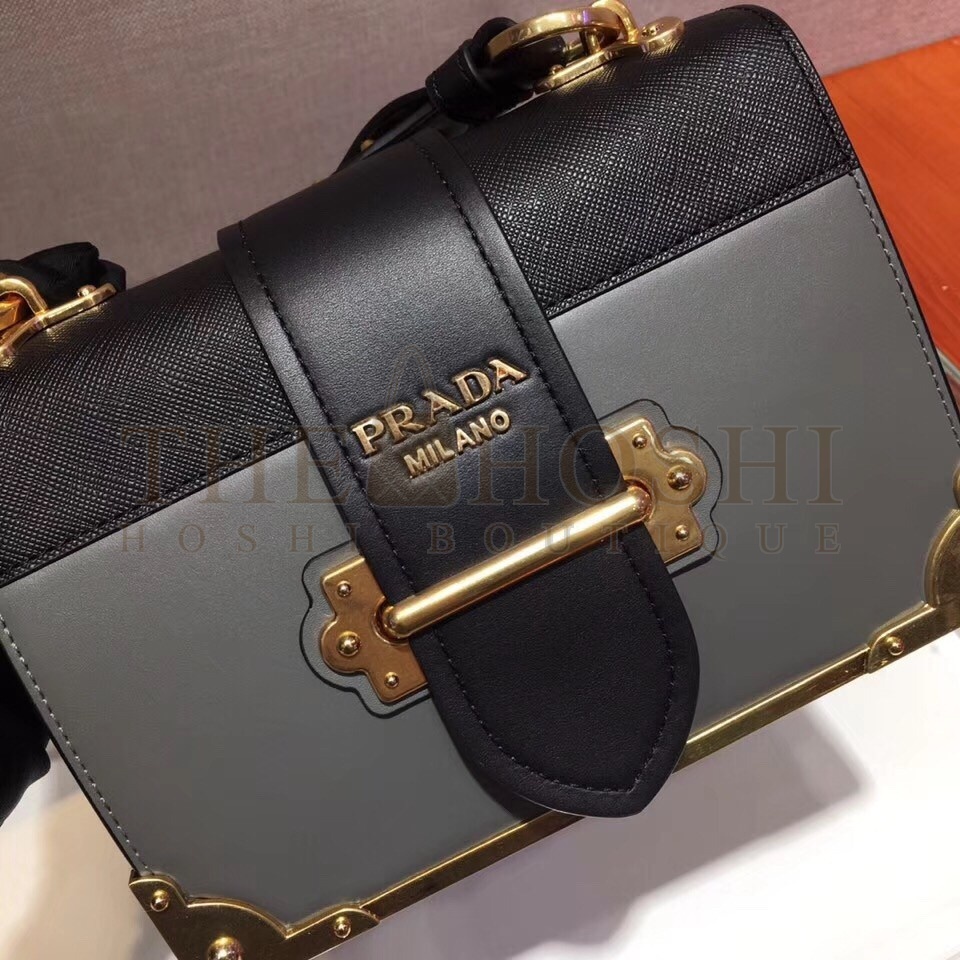 Pra*a Cahier Shoulder Bag In Grey/Black Leather Master Quality