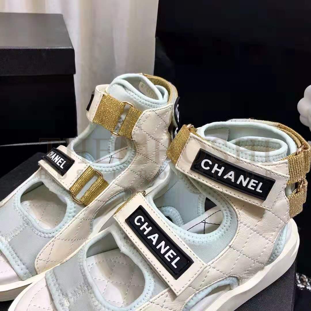 Ch**el Women Sandals Goatskin Fabric & TPU White Light Grey & Navy Blue Master Quality