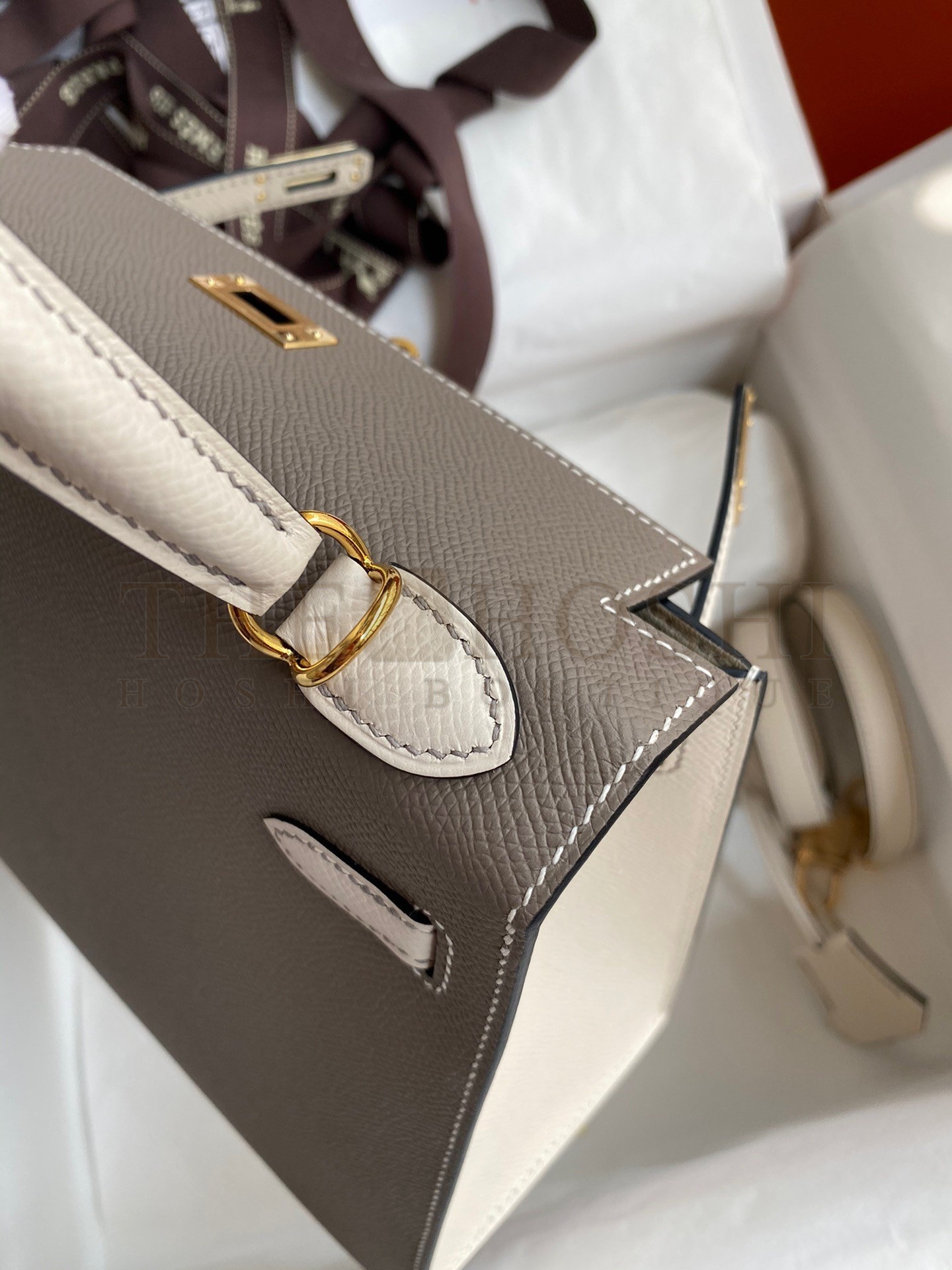 H**me5 Kelly Sellier 25 Bicolor Bag in Taupe and Craie Epsom Calfskin Master Quality