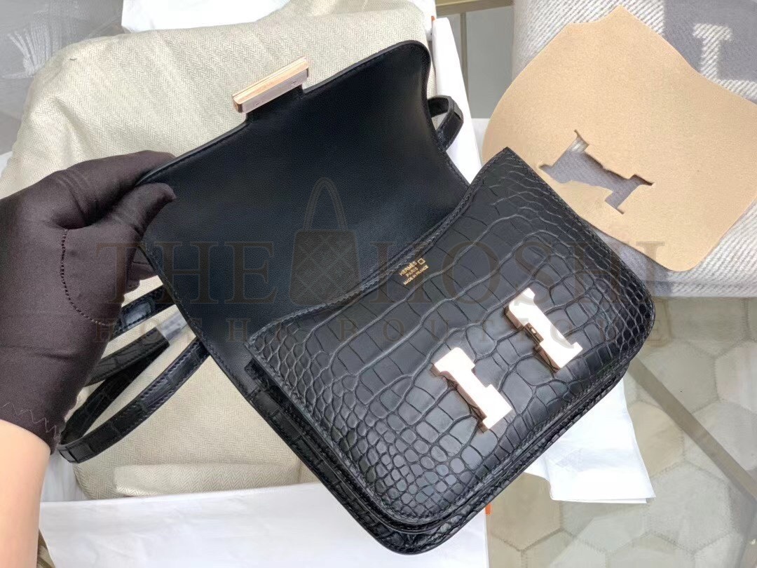 H**me5 Mini Constance 18cm Bag In Black Alligator Crocodile Skin Master Quality