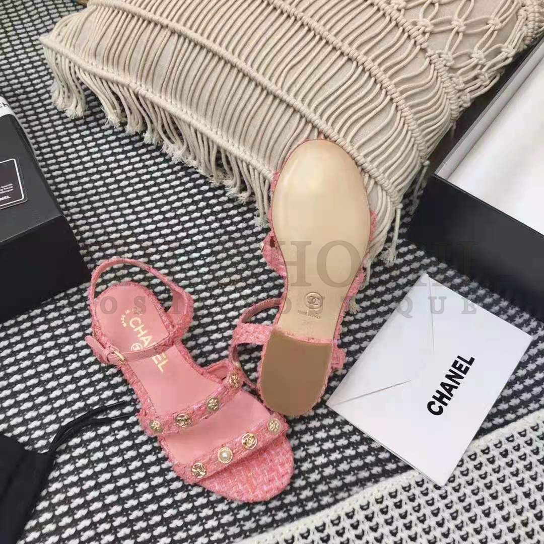 Ch**el Women Sandals Cotton Tweed &amp; Jewelry Coral &amp; Pink 2.5 cm Heel Master Quality