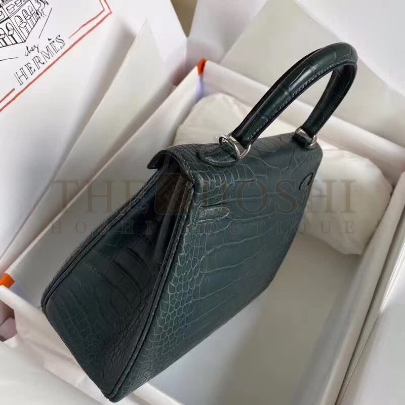 H**me5 Vert Cypres Kelly 28cm Matte Alligator Crocodile Skin Bag Master Quality