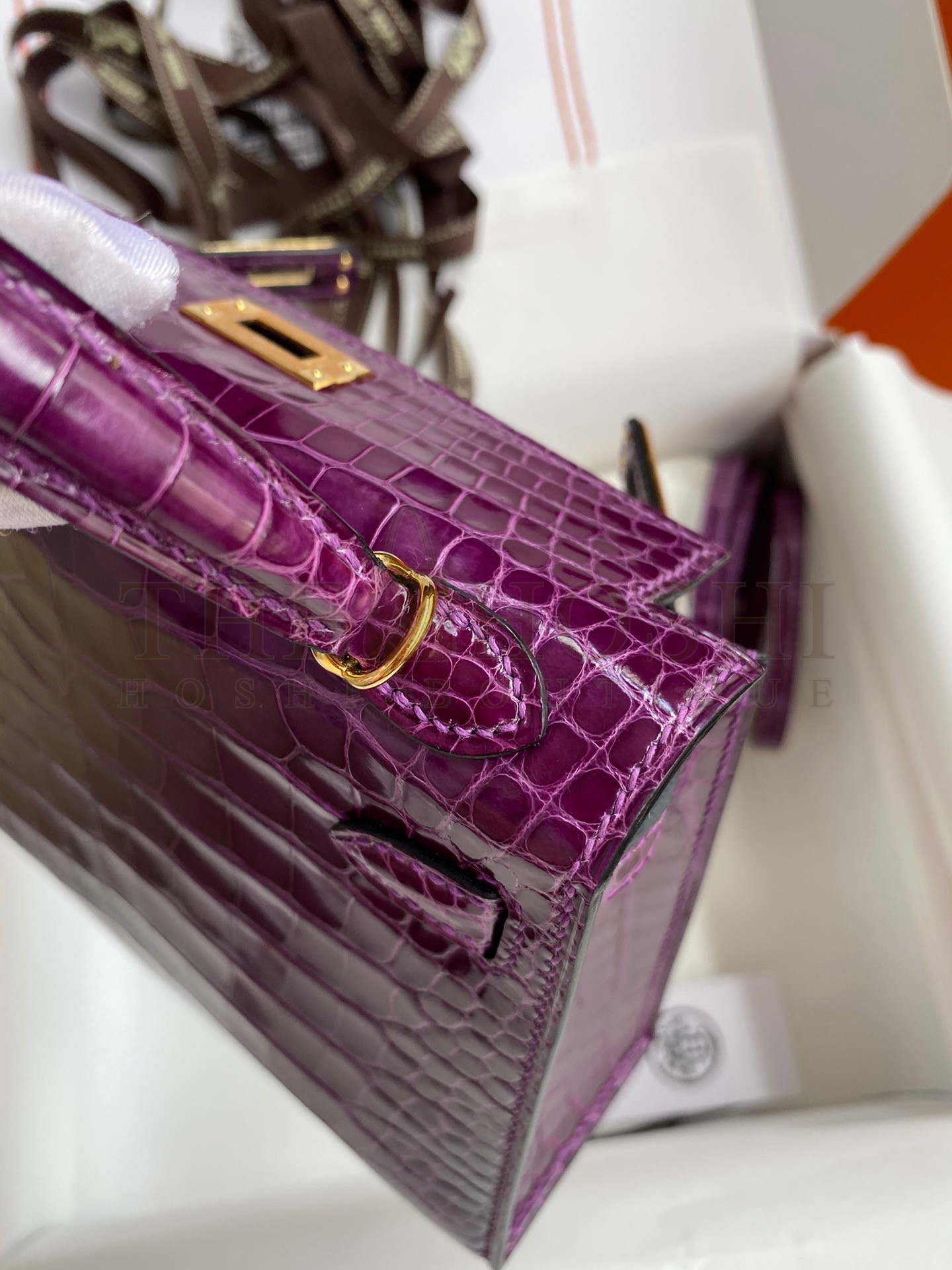 H**me5 Kelly Mini II Sellier Handmade Bag In Purple Shiny Alligator Leather Master Quality