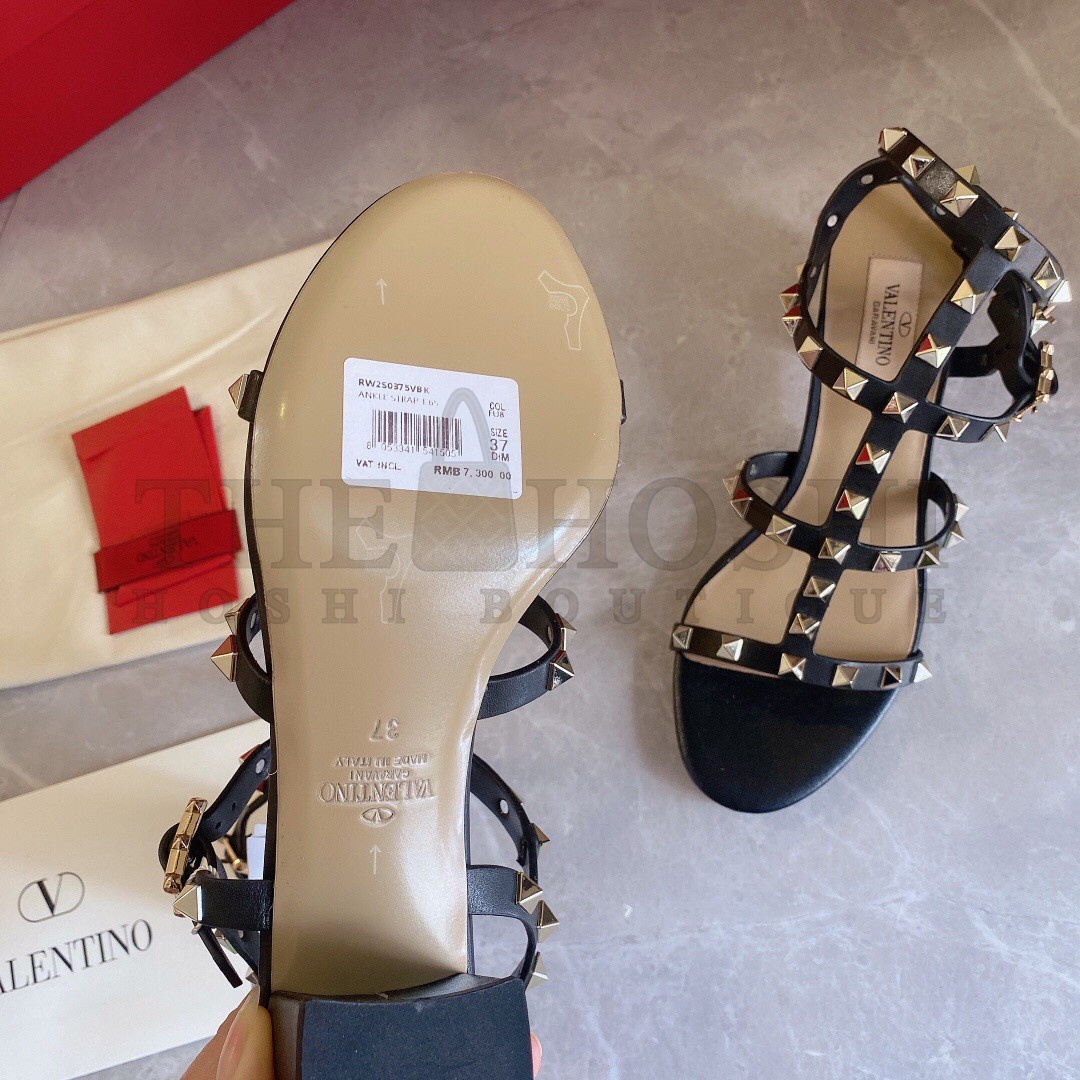 Va1e*ntin0 Rockstud Ankle Strap Sandals 60mm In Black Calfskin Master Quality