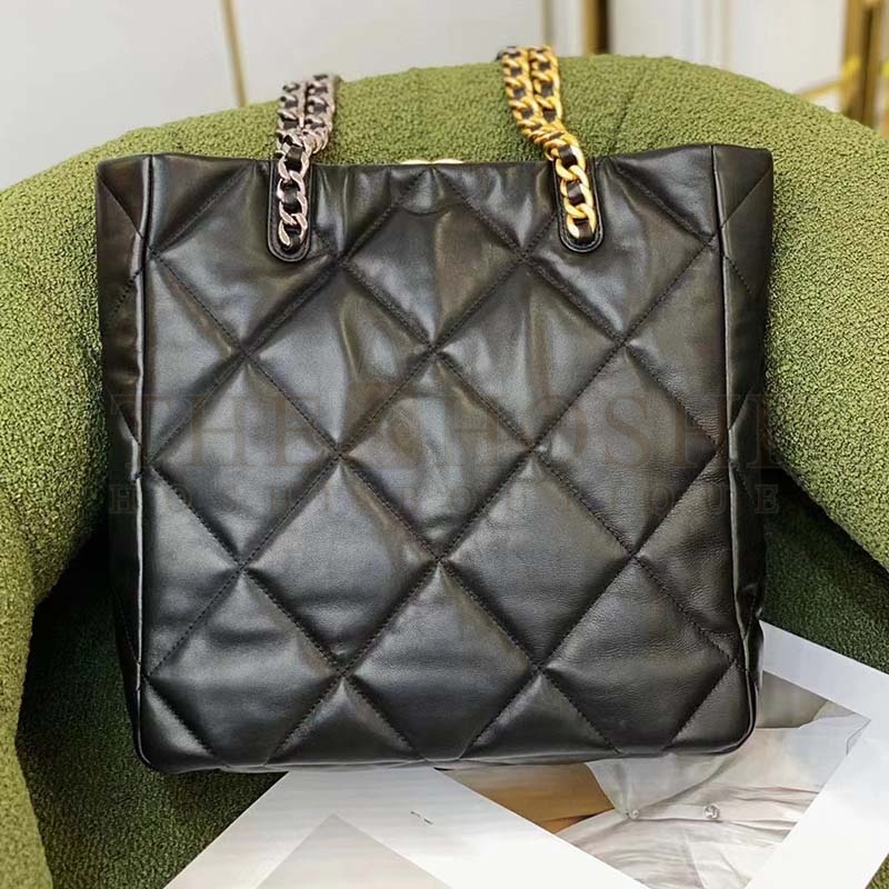 Ch**el Women CC Ch**el 19 Shopping Bag Lambskin Gold Silver-Tone Metal Black Master Quality