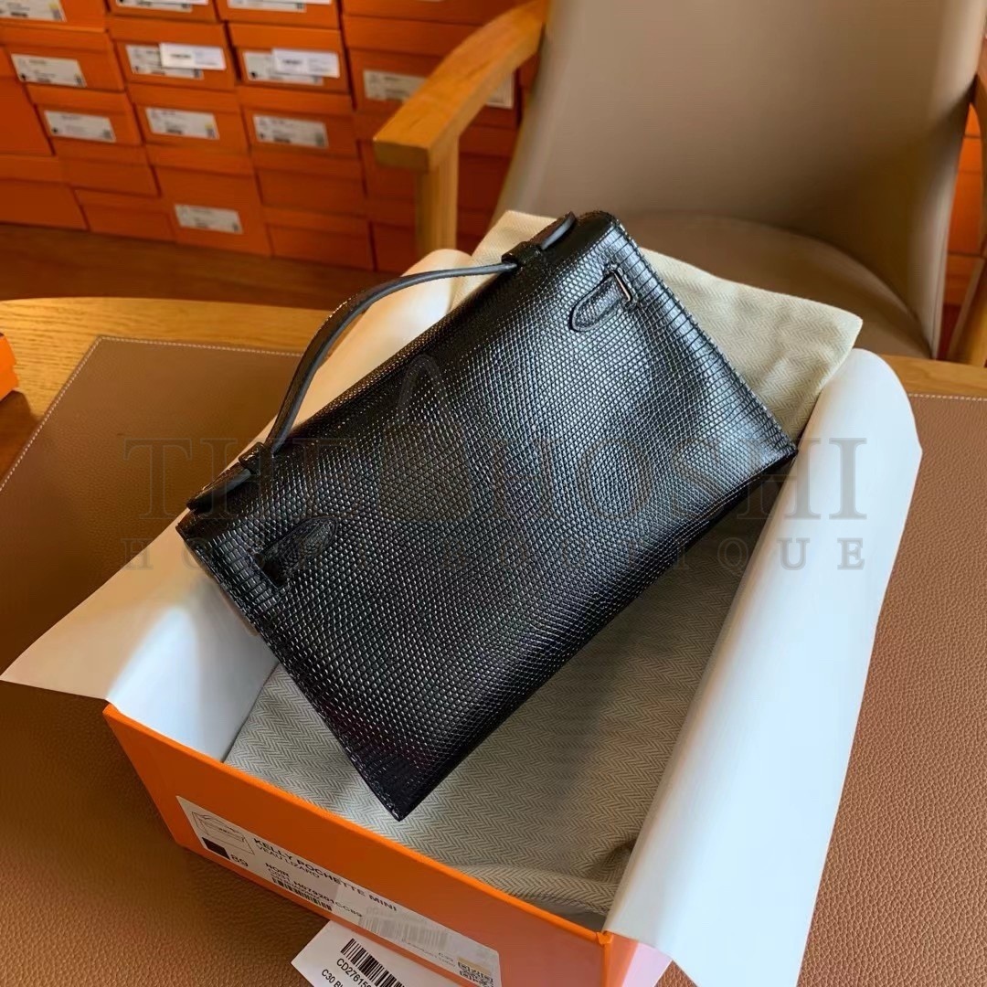 H**me5 Kelly Pochette Handmade Bag In Black Lizard Skin Master Quality