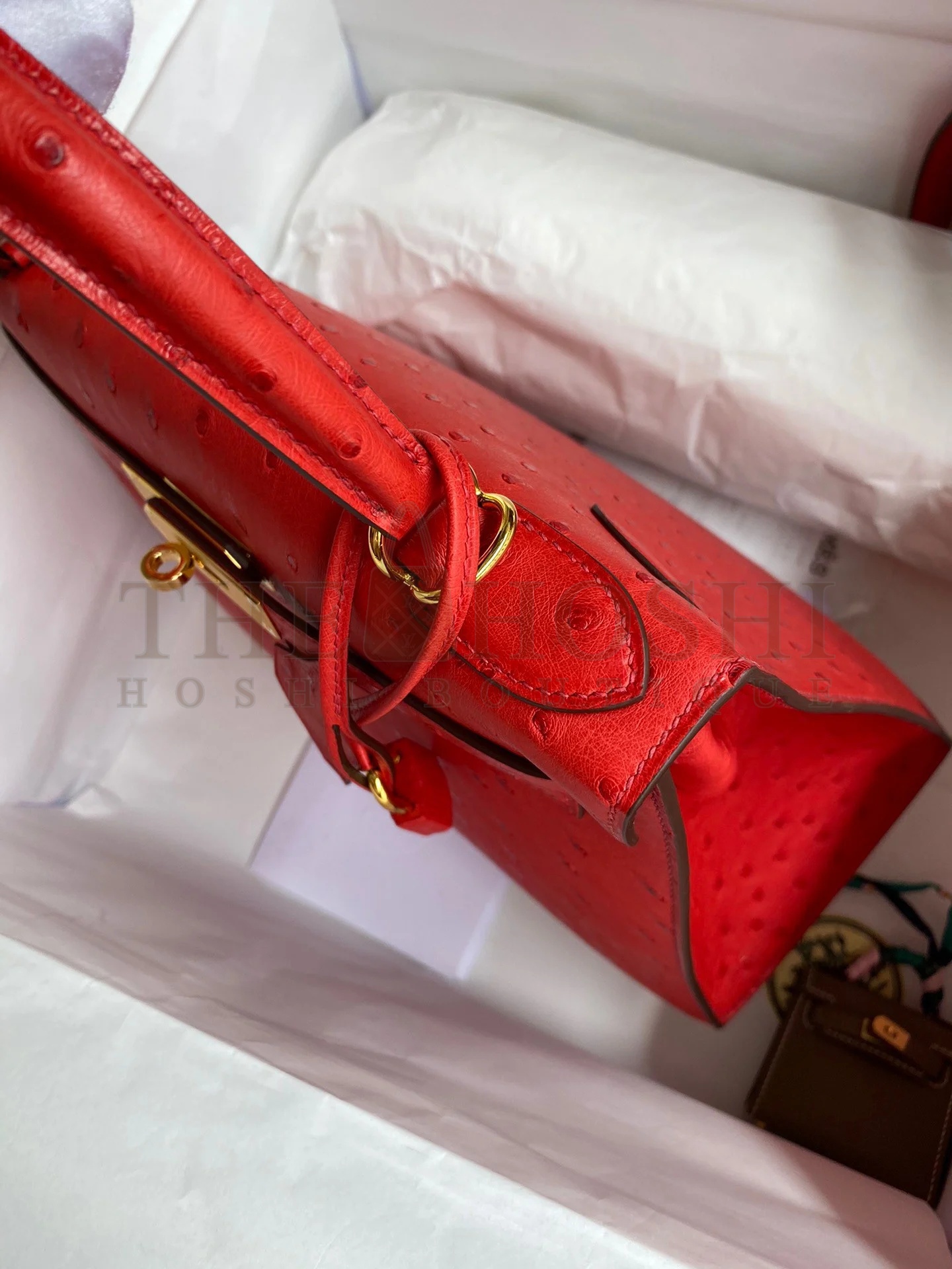 H**me5 Kelly Sellier 28 Handmade Bag In Red Ostrich Leather Master Quality