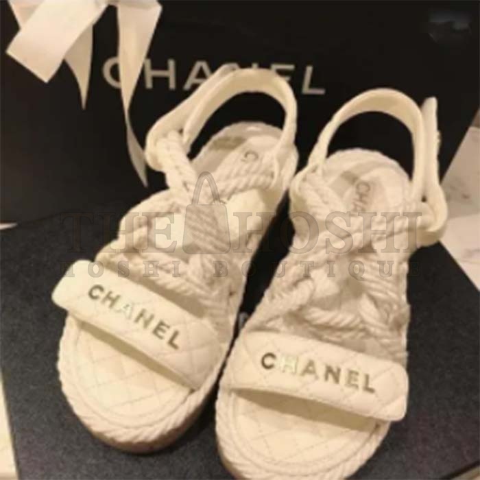 Ch**el Women CC Cotton Tweed White Sandals Calfskin Leather Cotton 1 CM Heel Master Quality