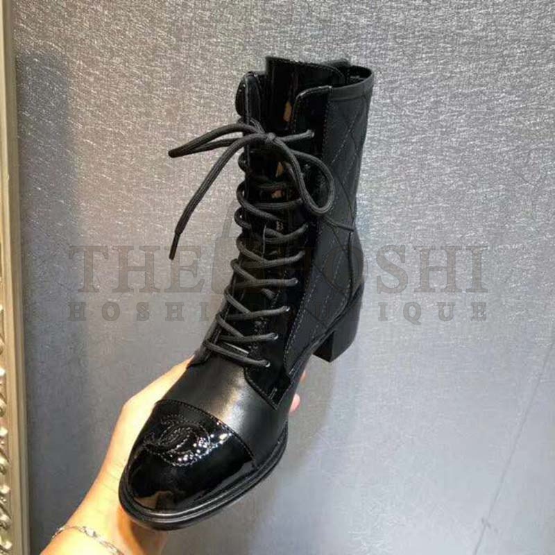 Ch**el Women Patent Calfskin &amp; Crumpled Calfskin Ankle Boots-Black Master Quality