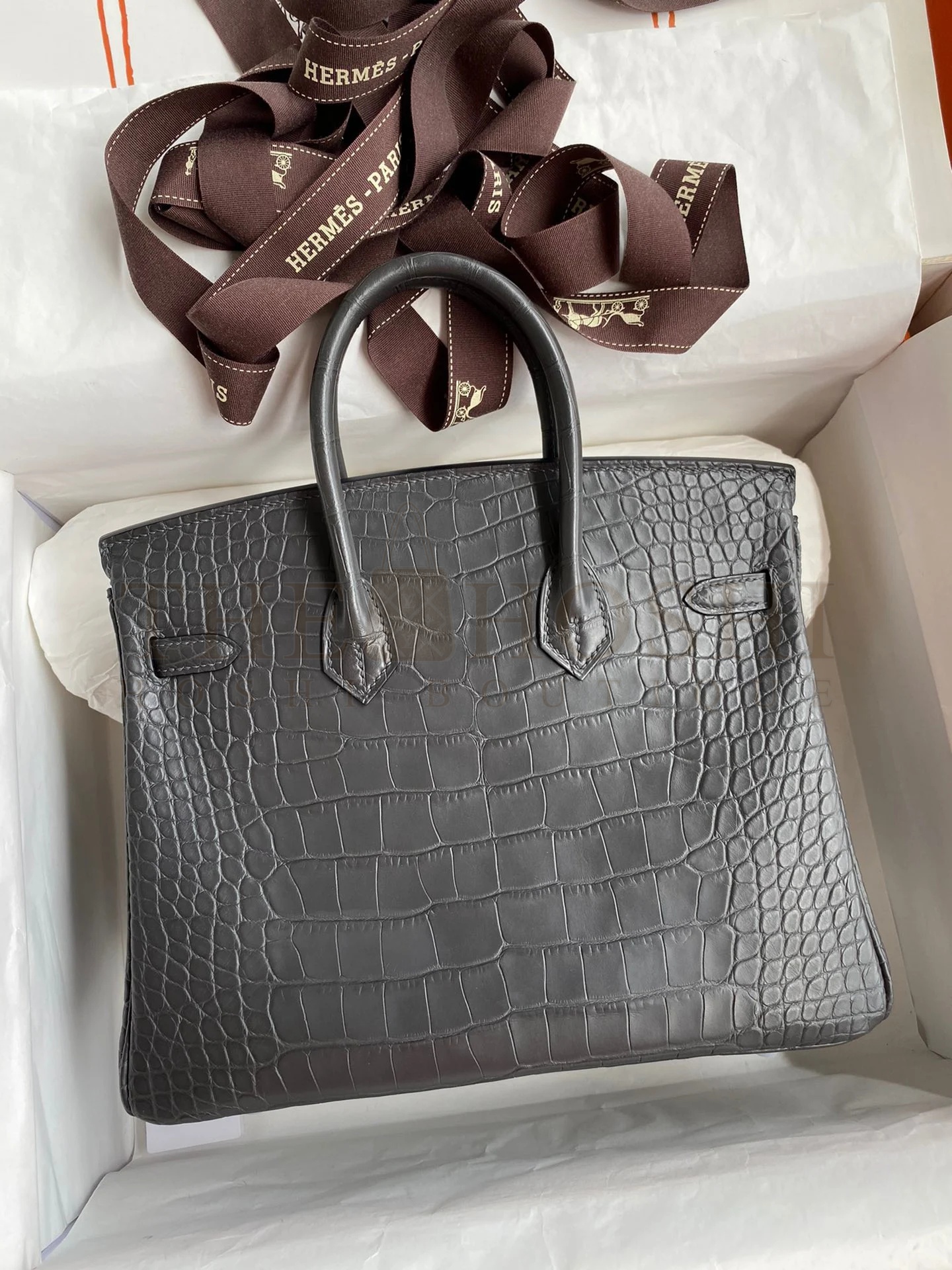 H**me5 Birkin 25 Retourne Handmade Bag In Graphite Matte Alligator Leather Master Quality