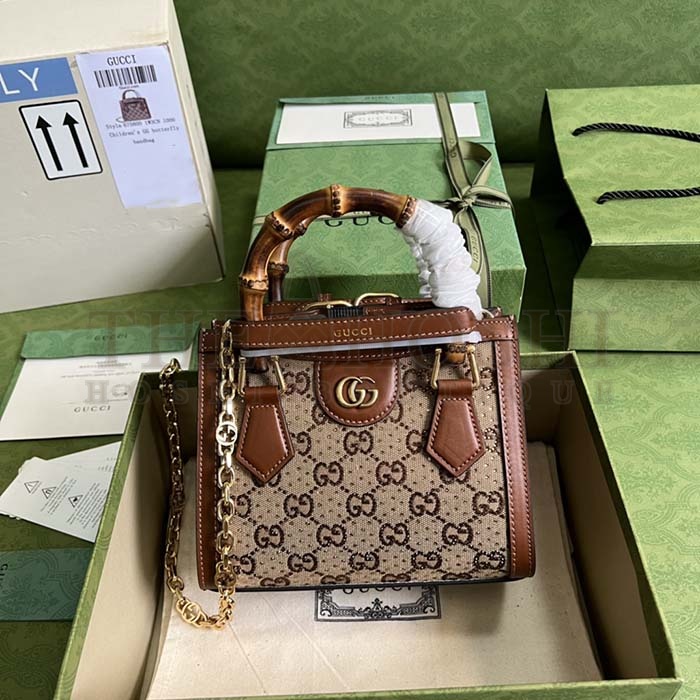 Gvc*1 Women Diana Mini Tote Bag Camel Ebony GG Canvas Crystals Double G Master Quality