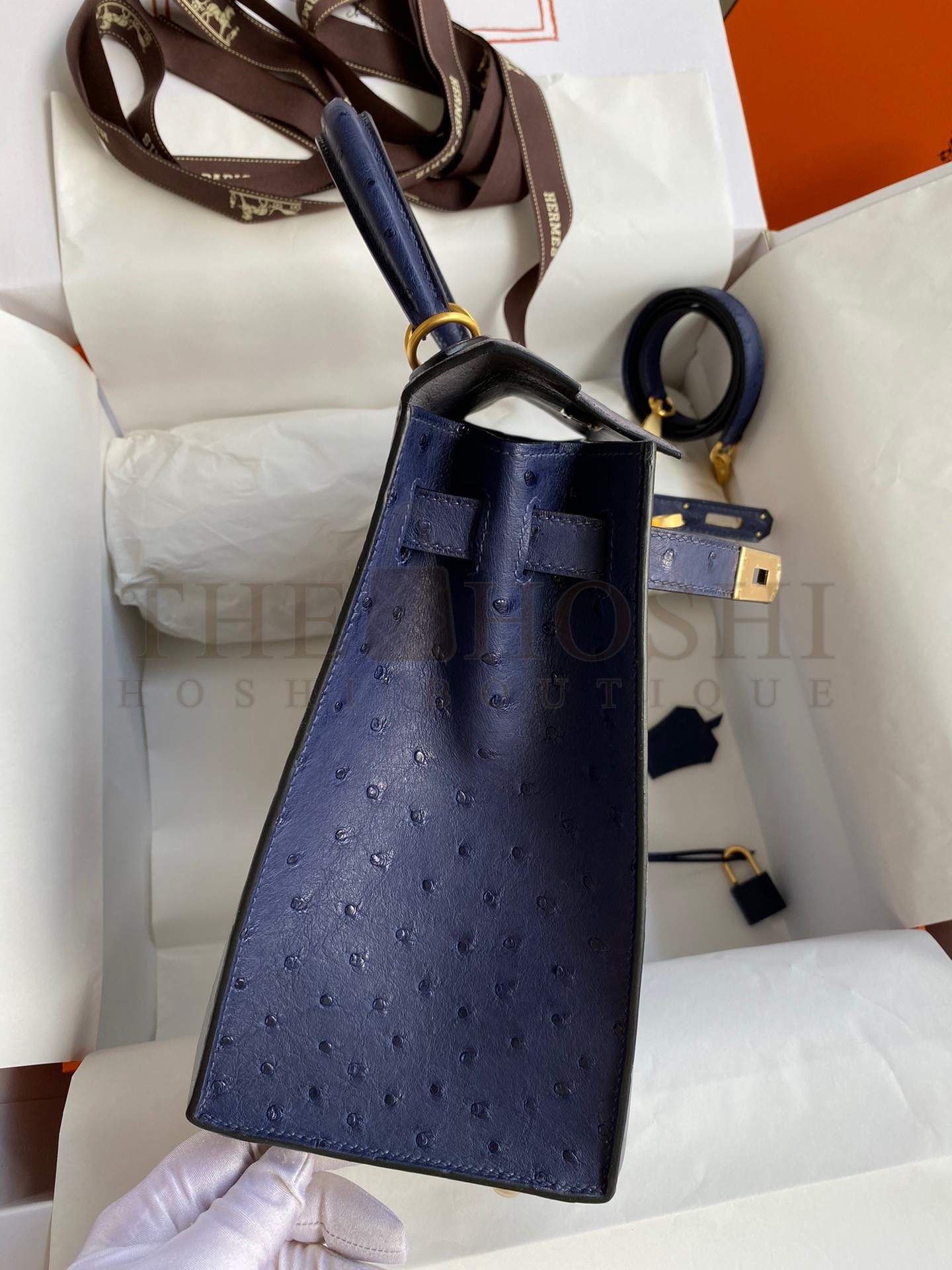 H**me5 Kelly Sellier 25 Bicolor Bag in Gris Agate and Blue Ostrich Leather Master Quality