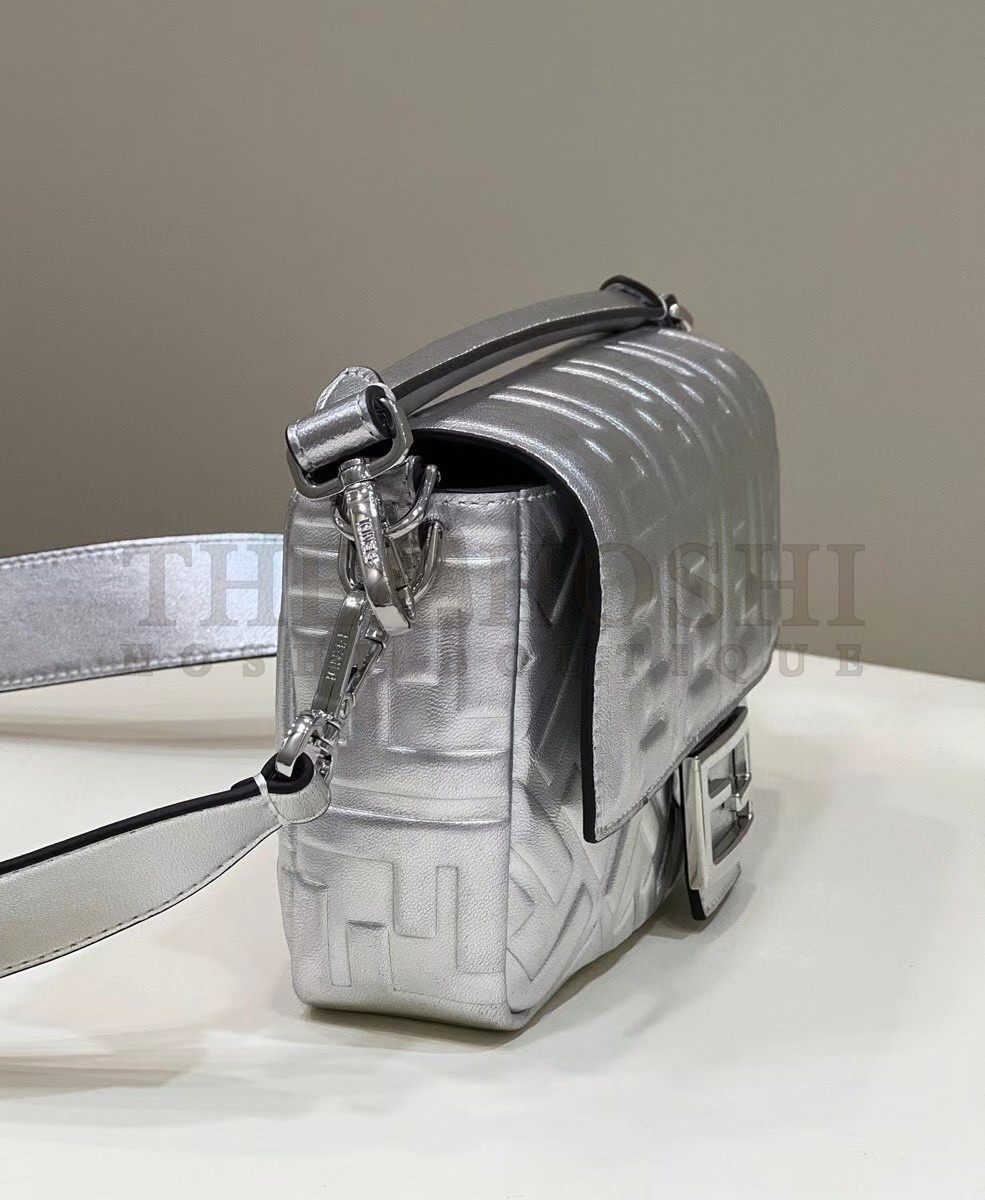 F**di Medium Baguette Bag In Silver FF Metallic Leather Master Quality