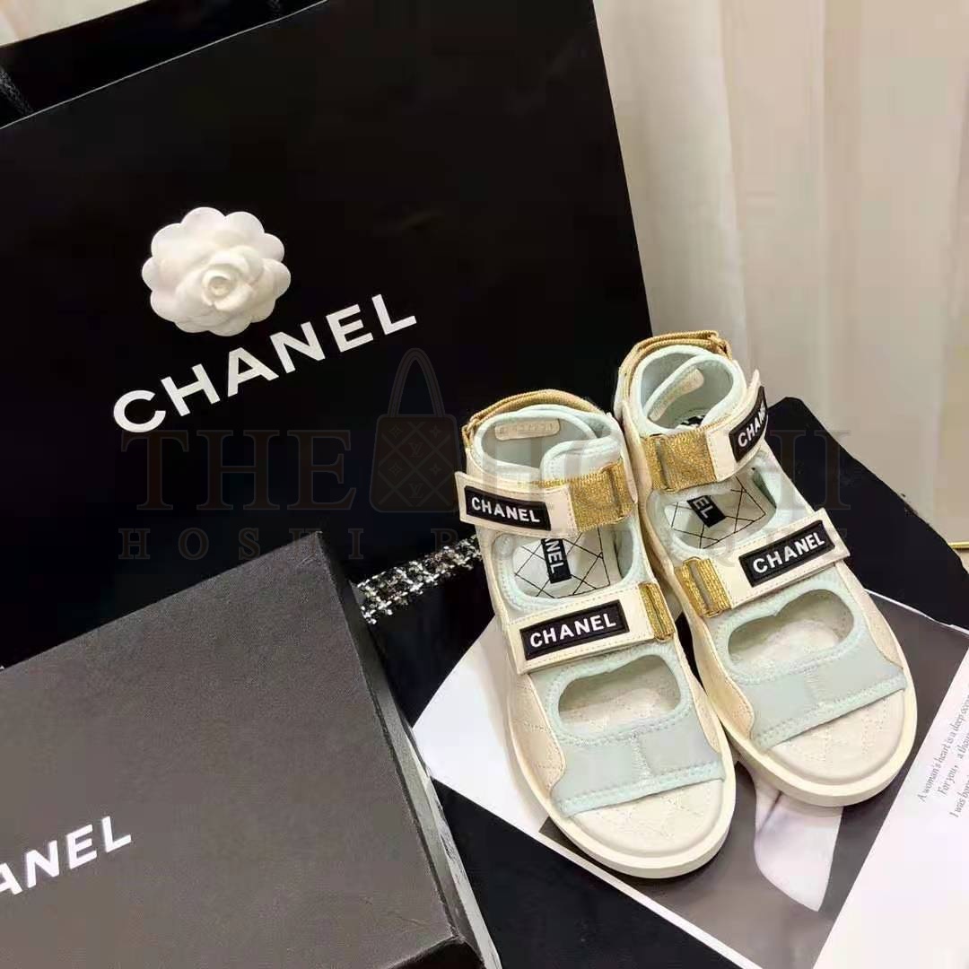 Ch**el Women Sandals Goatskin Fabric & TPU White Light Grey & Navy Blue Master Quality