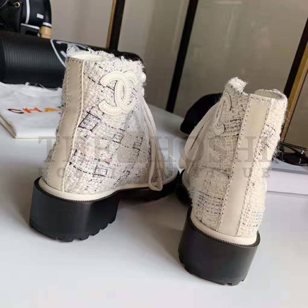 Ch**el Women Ankle Boots in Tweed & Calfskin 3.6 cm Heel-Beige Master Quality