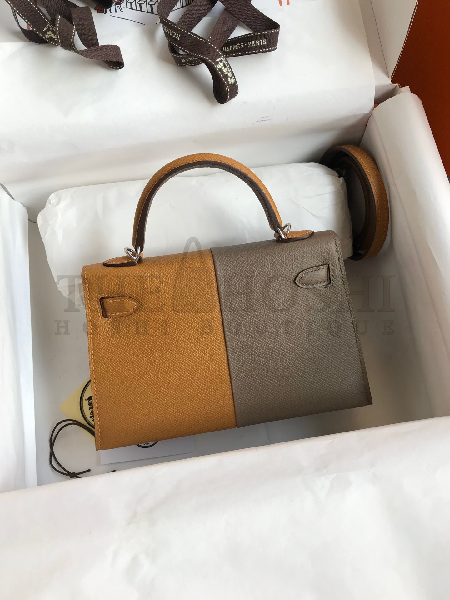 H**me5 Kelly Mini II Sellier Tri-color Bag In Taupe/Sesame/Blue Nuit Epsom Calfskin Master Quality