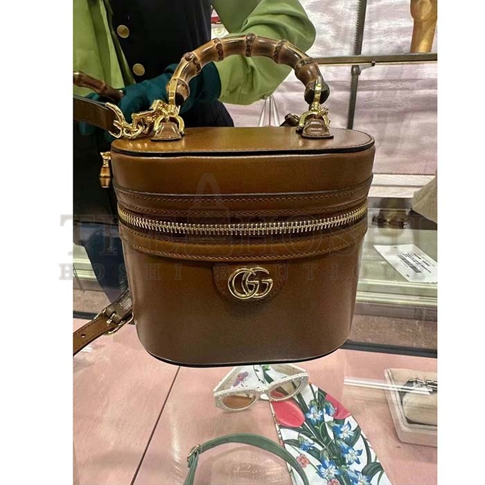 Gvc*1 Women GG Mini Bamboo Shoulder Bag Brown Leather Bamboo Handle Double G Master Quality