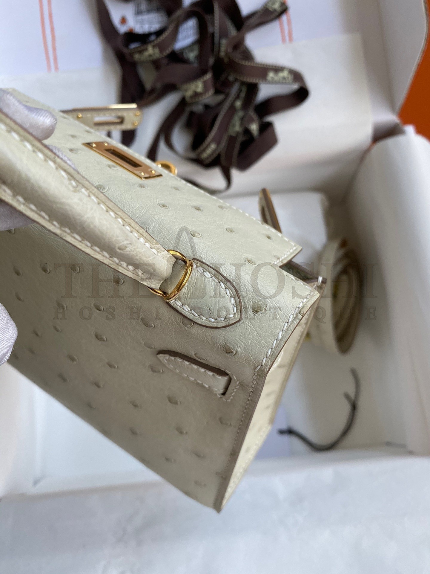 H**me5 Kelly Mini II Sellier Handmade Bag In Beton Ostrich Leather Master Quality