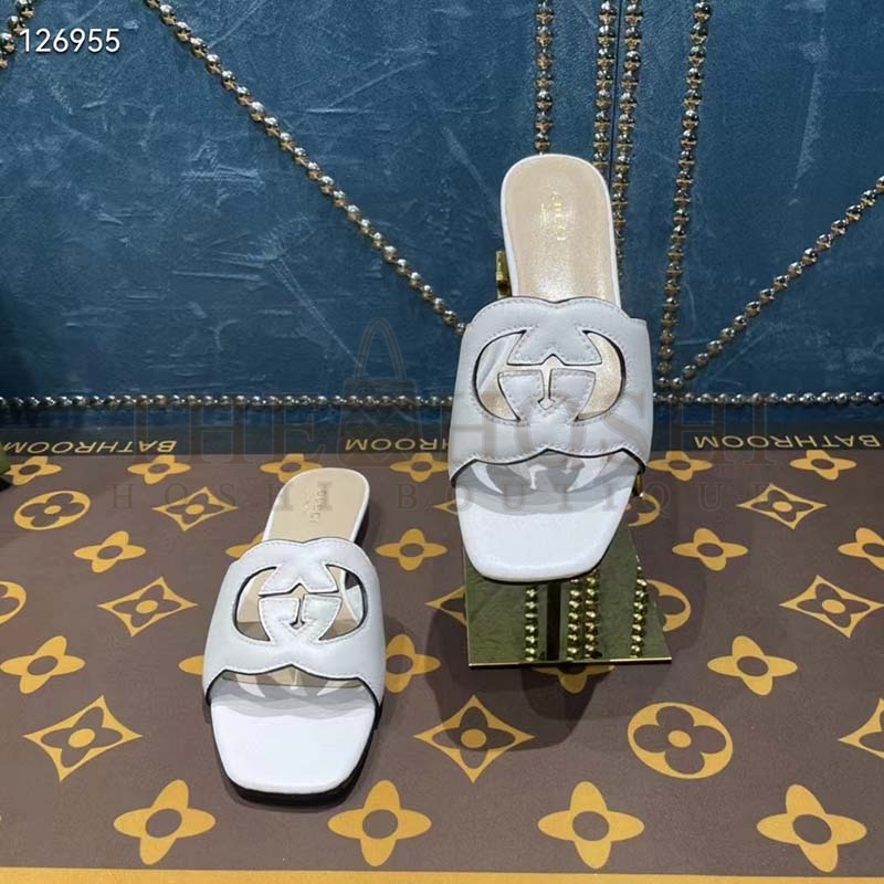 Gvc*1 Unisex Interlocking G Cut-Out Slide Sandals White Leather Flat 1 cm Heel Master Quality