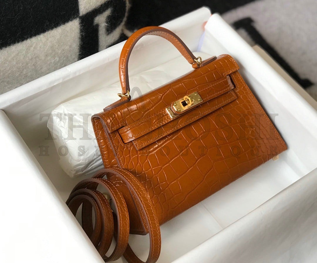 H**me5 Kelly Mini II Sellier Bag In Gold Crocodile Embossed Leather Master Quality