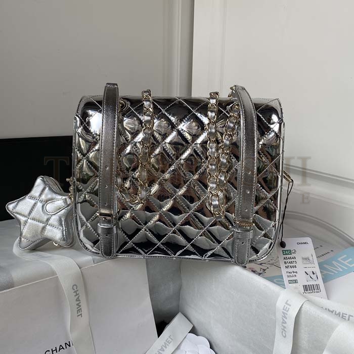 Ch**el Women CC Flap Bag Star Coin Purse Mirror Calfskin Metallic Calfskin Gold-Tone Metal Silver Master Quality