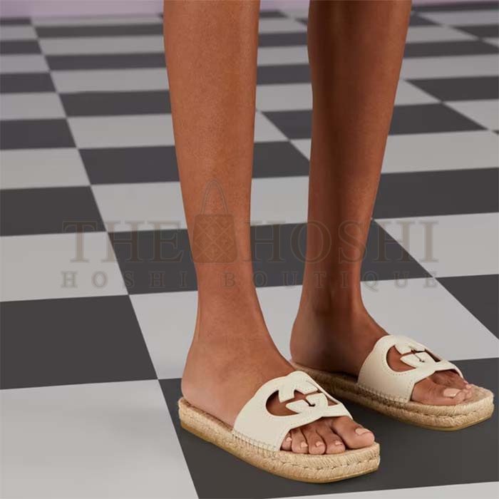 Gvc*1 Unisex Interlocking G Cut-Out Slide Sandals White Leather Flat 2 cm Heel Master Quality