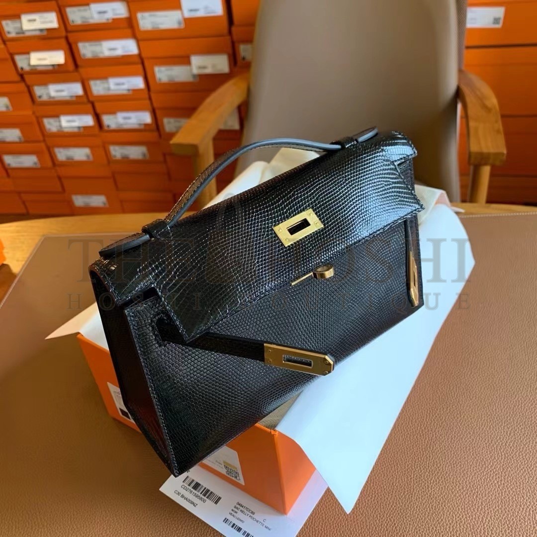H**me5 Kelly Pochette Handmade Bag In Black Lizard Skin Master Quality