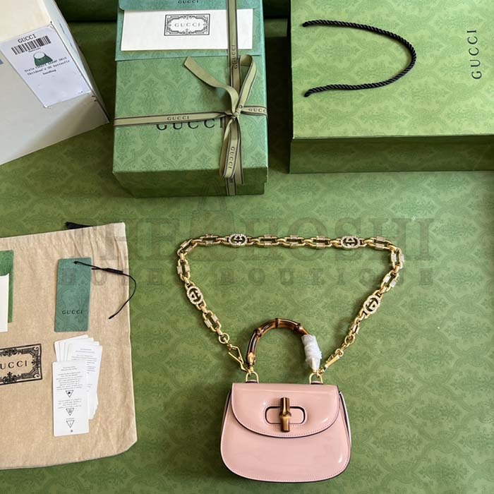 Gvc*1 Women Bamboo 1947 Mini Top Handle Bag Light Pink Patent Leather Master Quality