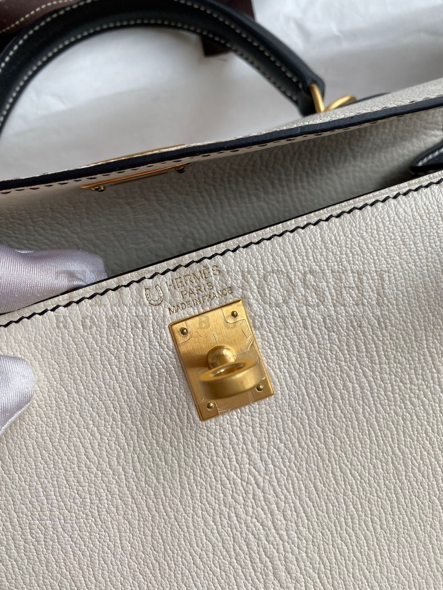 H**me5 Kelly Sellier 25 Bicolor Bag in White and Black Mysore Goatskin Master Quality