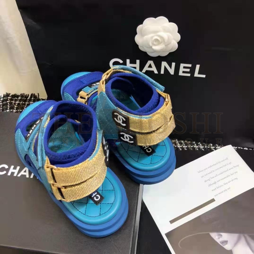 Ch**el Women Sandals Goatskin Fabric &amp; TPU Blue Dark Blue &amp; Black Master Quality