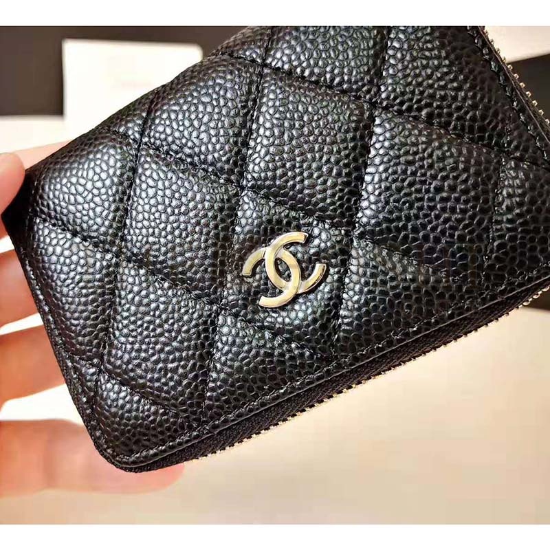 Ch**el Women Classic Zipped Coin Purse in Grained Calfskin &amp; Silver-Tone Metal-Black Master Quality