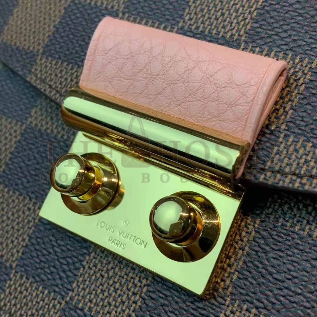 L0vis Vvtt0n LV Women Croisette Chain Wallet Magnolia Pink Damier Ebene Coated Canvas Master Quality