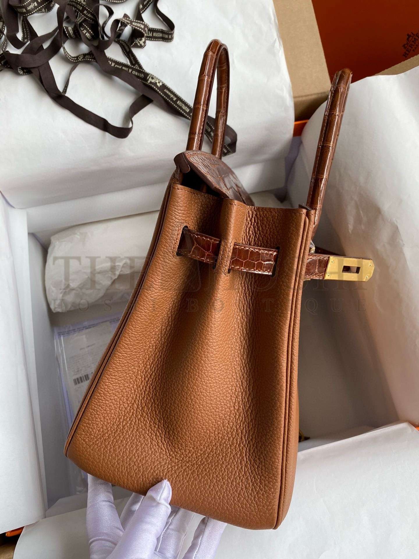 H**me5 Touch Birkin 30 Bag In Gold Clemence and Shiny Niloticus Crocodile Skin Master Quality