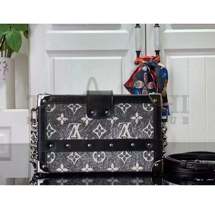 L0vis Vvtt0n LV Women Petite Malle Handbag Gray Denim Textile Jacquard Master Quality