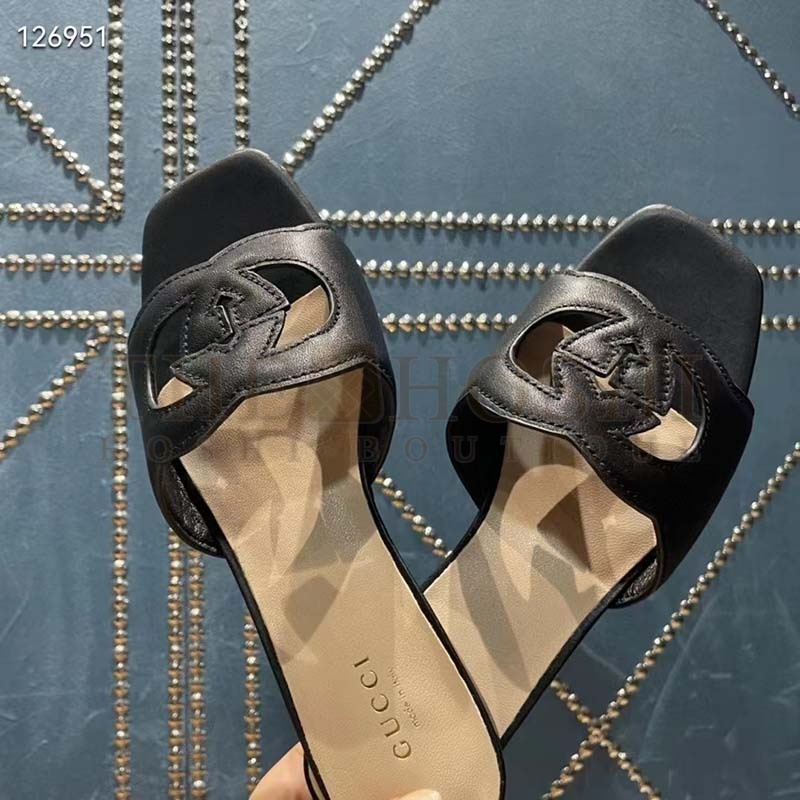 Gvc*1 Unisex Interlocking G Slide Sandals Black Leather Cut-Out Flat Master Quality