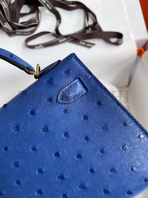 H**me5 Blue Electric Ostrich Kelly Mini II Handmade Bag Master Quality