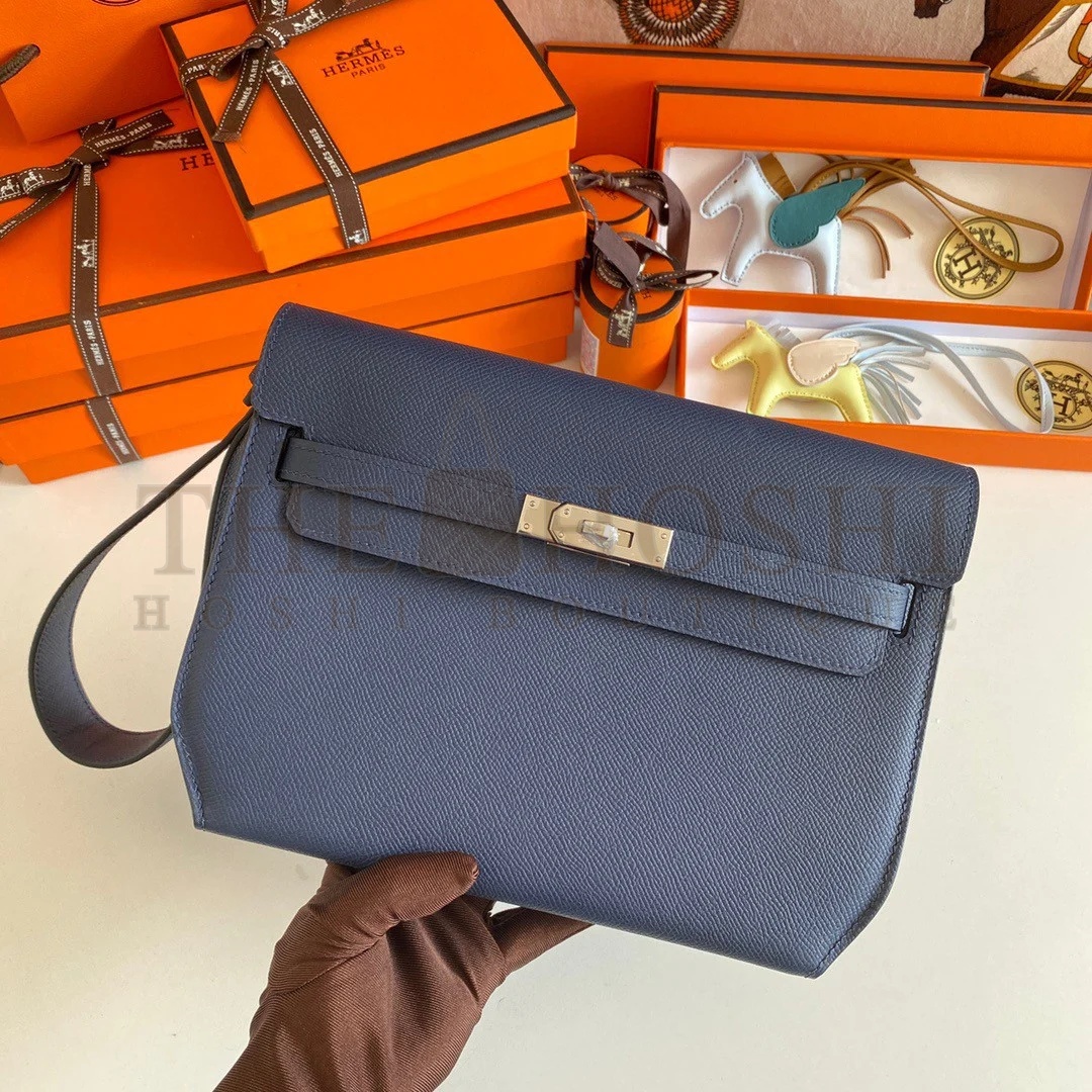 H**me5 Kelly Depeches 25 Pouch in Blue Saphir Epsom Calfskin Master Quality