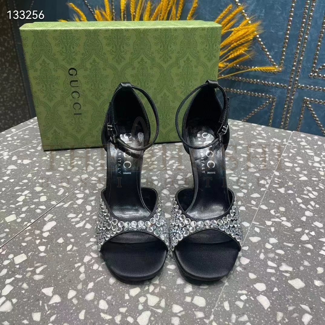 Gvc*1 Women G2 Mid-Heel Sandals Crystals Black Satin 11 CM Heel Double G Master Quality